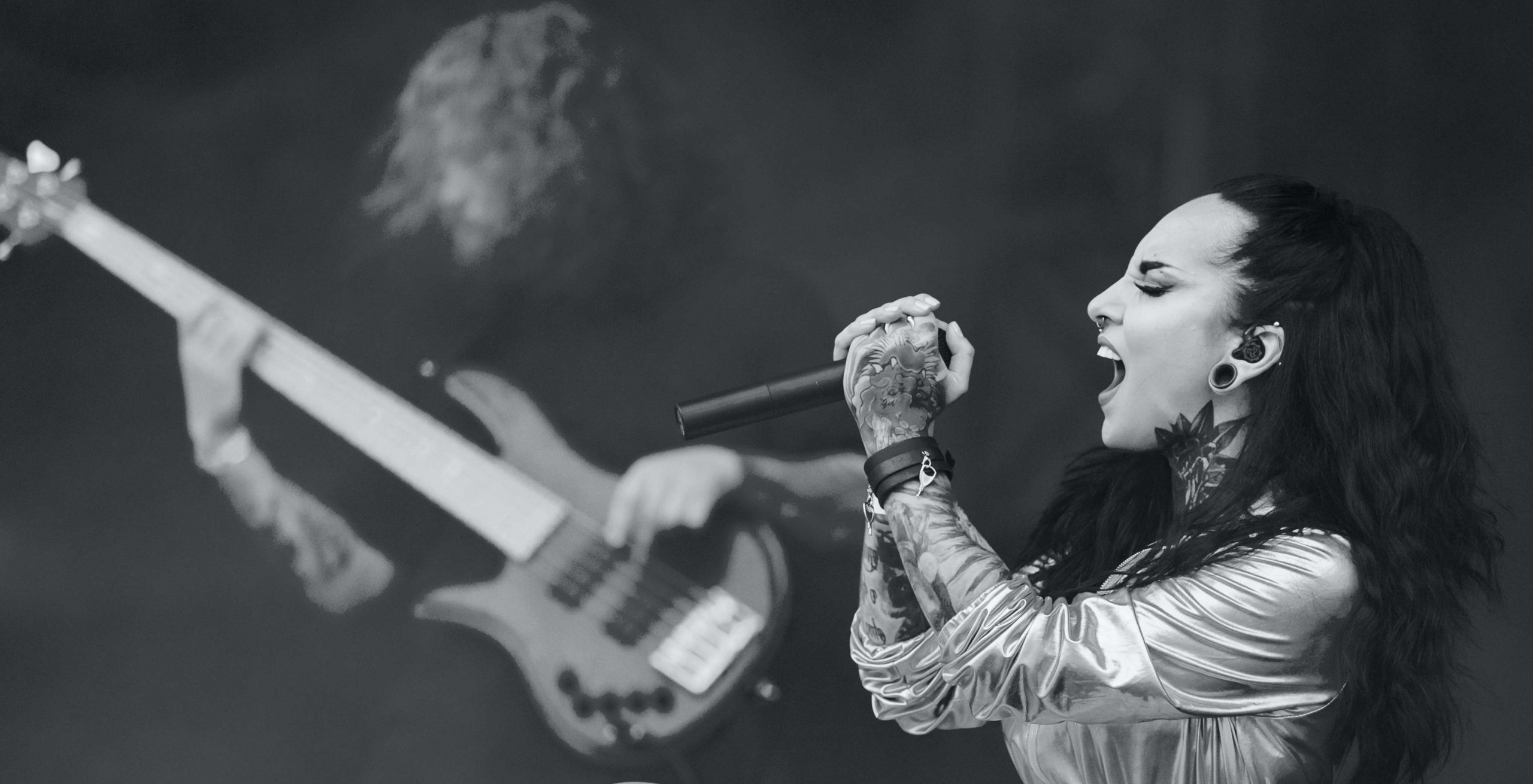 Black and white image of a metal vocalist (Tatiana Shmayluk) screaming